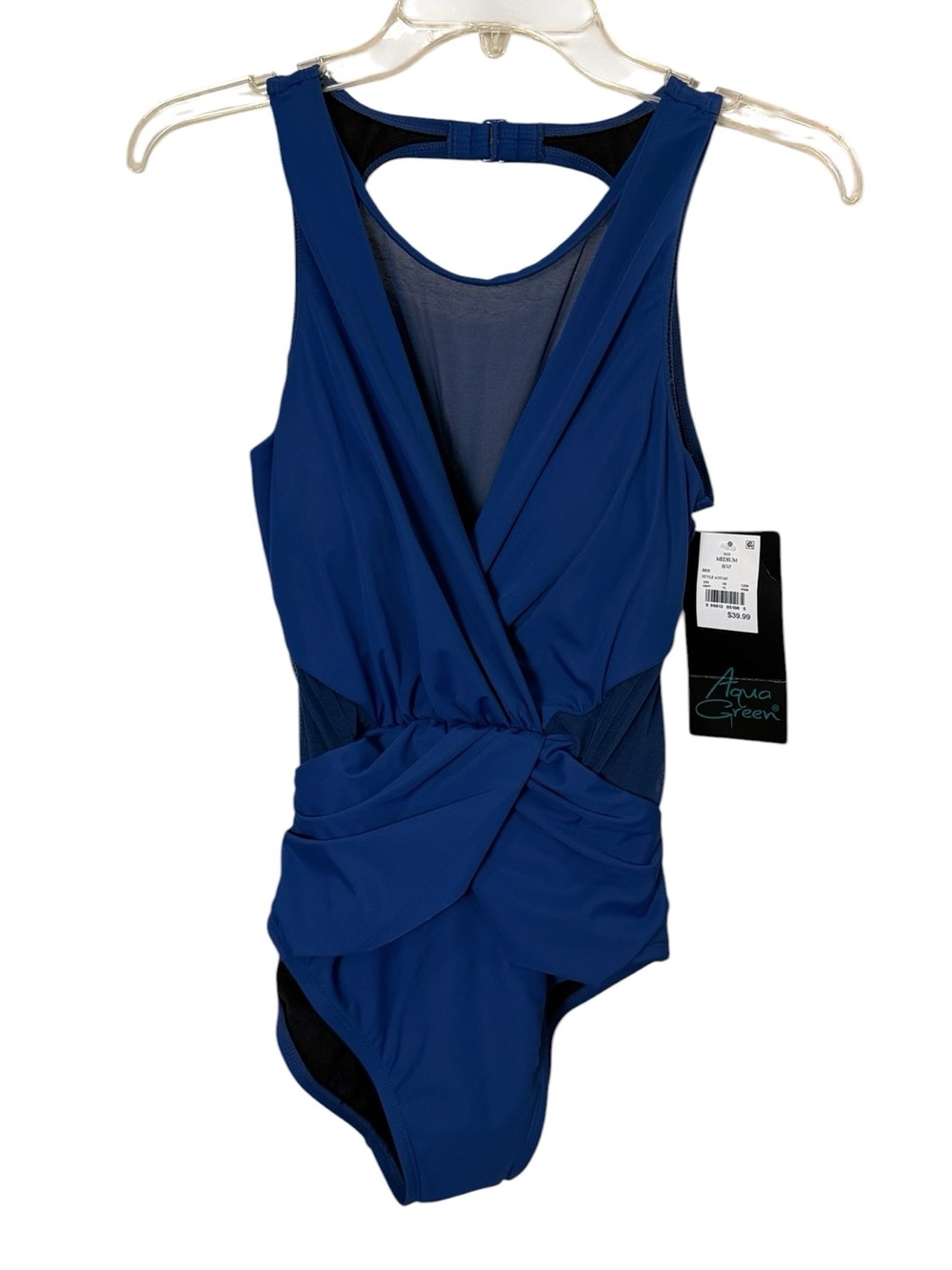 Aqua Green Women’s Navy Blue Ruched Draped Figure Shaping One-Piece Swim sz 8